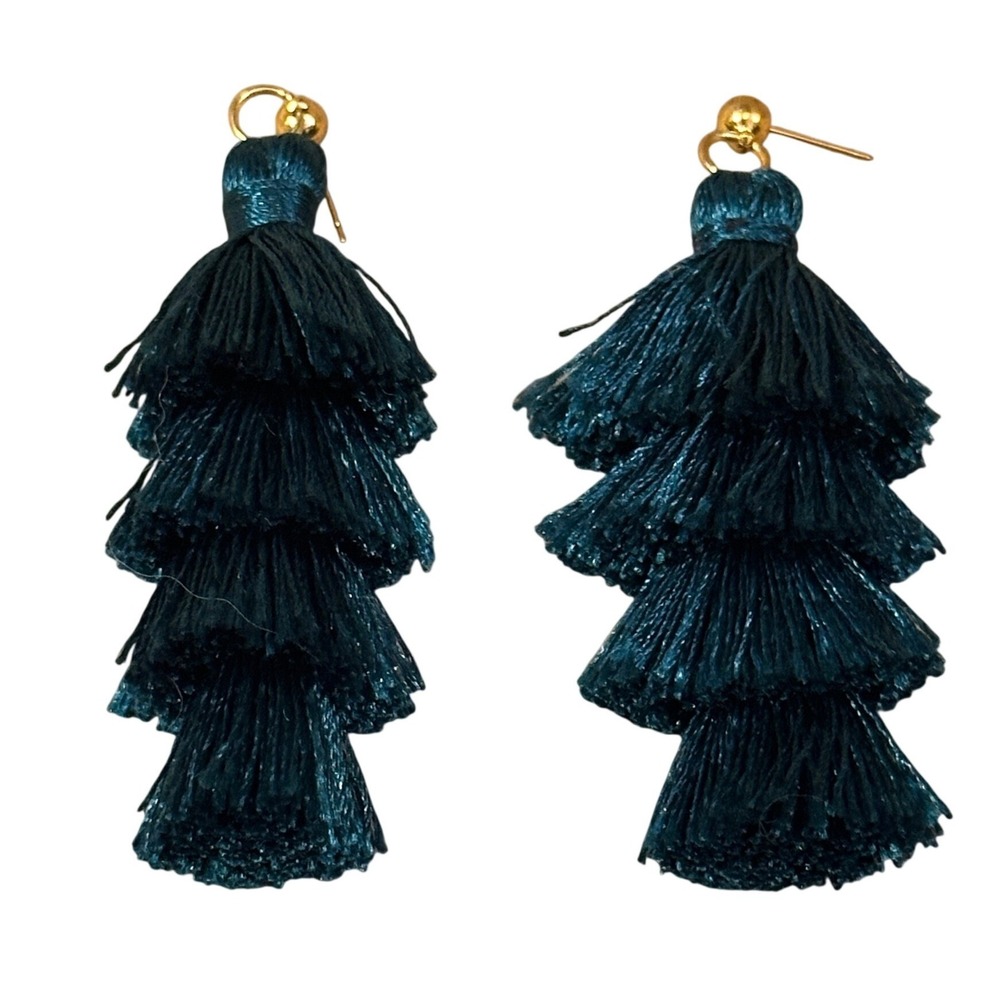 Handcrafted Teal Tiered Tassel Earrings Gold Tone Metallic Fringe Dangle